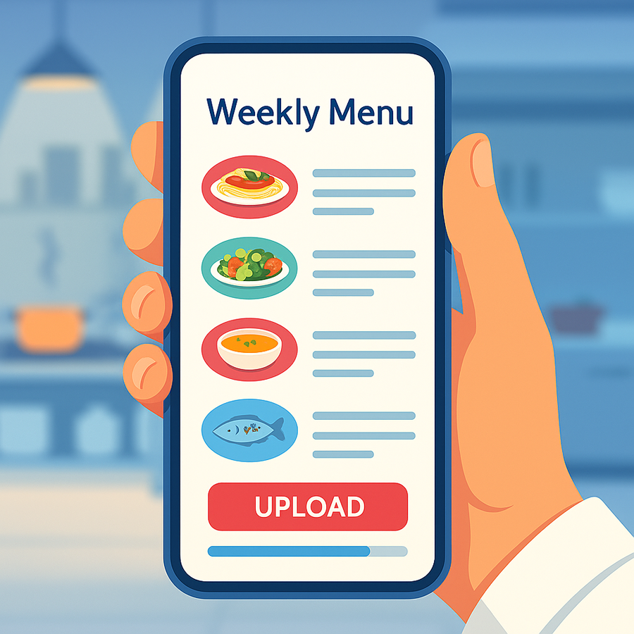 nooni - Essen am Mittag - Smartphone displaying a menu upload interface for a restaurant app, held by a restaurateur in a kitchen - Menüverwaltung
