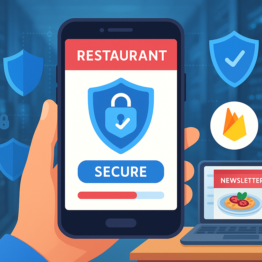 nooni - Essen am Mittag - Smartphone with a secure lock icon on a restaurant app, set against a blurred server room - Datenschutz