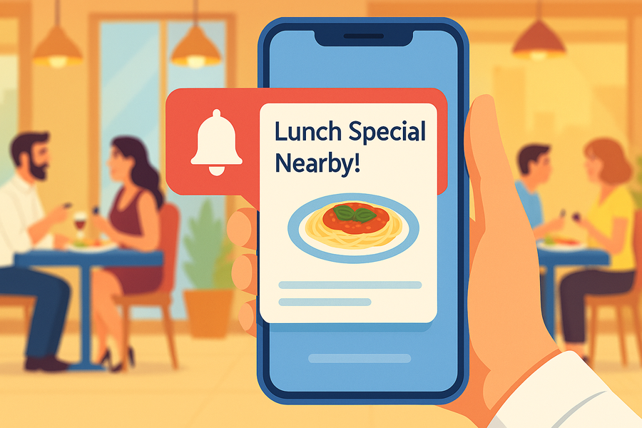 nooni - Essen am Mittag - Smartphone with a restaurant lunch offer notification, set against a lively restaurant with dining guests - Reichweite