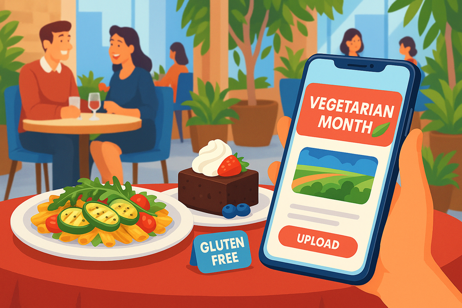 nooni - Essen am Mittag - Vegetarian and gluten-free dishes on a restaurant table, with a smartphone showing a Vegetarian Month campaign - Trends