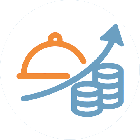 nooni - Essen am Mittag - Icon of a coin stack with an upward arrow and a restaurant plate, symbolizing cost efficiency