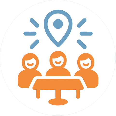 nooni - Essen am Mittag - Icon of a restaurant table with customer silhouettes and a location pin, symbolizing reaching more guests