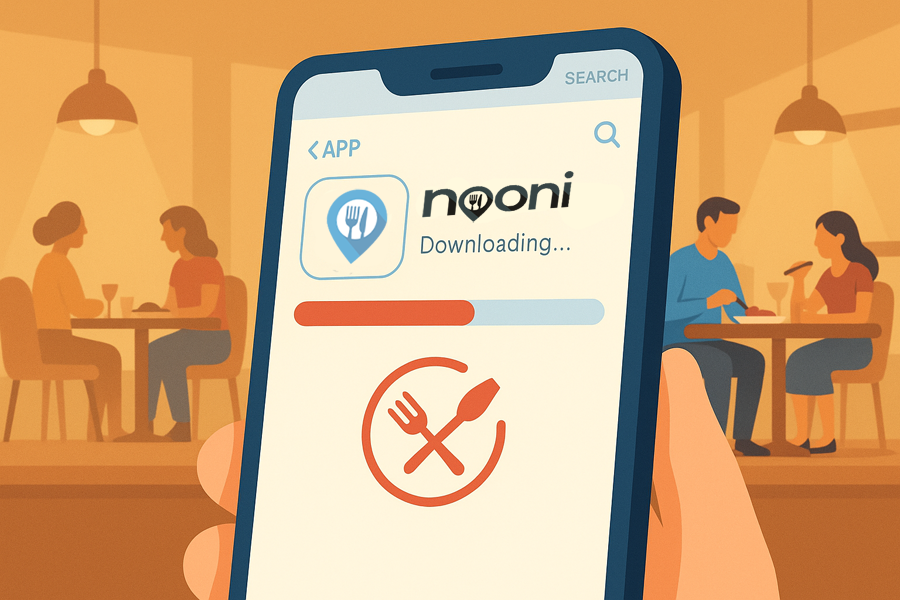 nooni - Essen am Mittag - Illustrative image of a smartphone downloading Nooni-App from an app store, with a stylized restaurant background