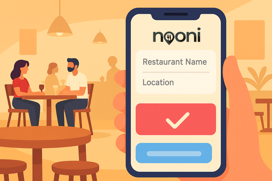 nooni - Essen am Mittag - Illustrative image of a smartphone displaying a restaurant registration form for the Nooni-App, with a stylized restaurant background
