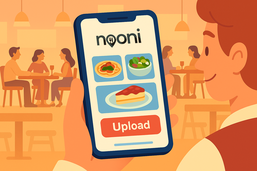 nooni - Essen am Mittag - Illustrative image of a smartphone uploading photos of vibrant midday meals on the Nooni-App, with a stylized restaurant background