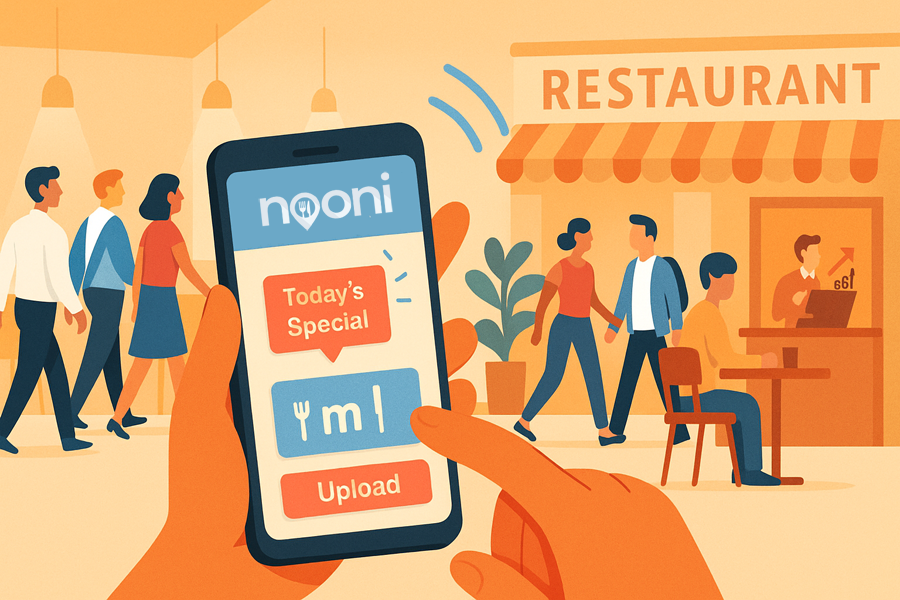 nooni - Essen am Mittag - Illustrative image of a smartphone displaying a lunch offer notification on the Nooni-App, attracting customers to a busy restaurant with a sales boost